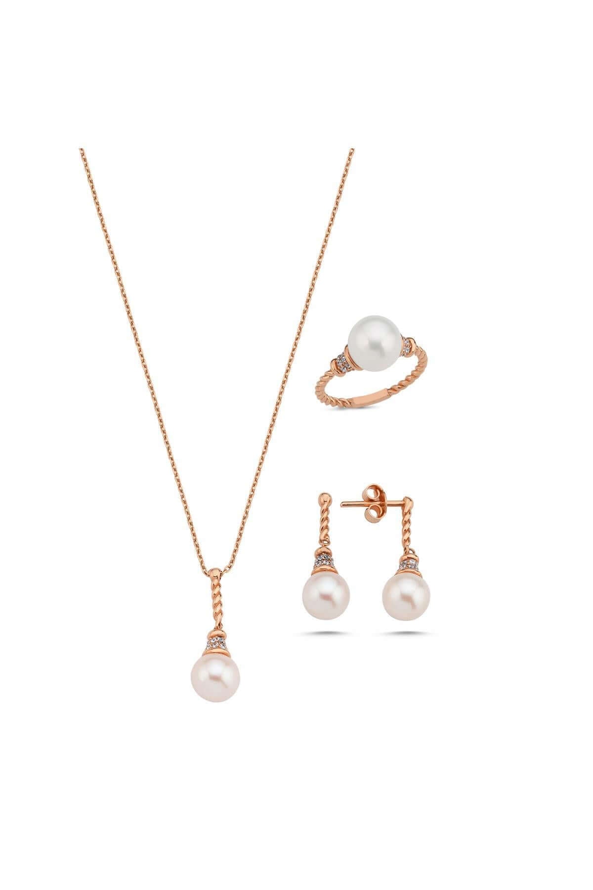 Twisted Zircon Stone Natural Pearl Earring Necklace Ring Triple Set