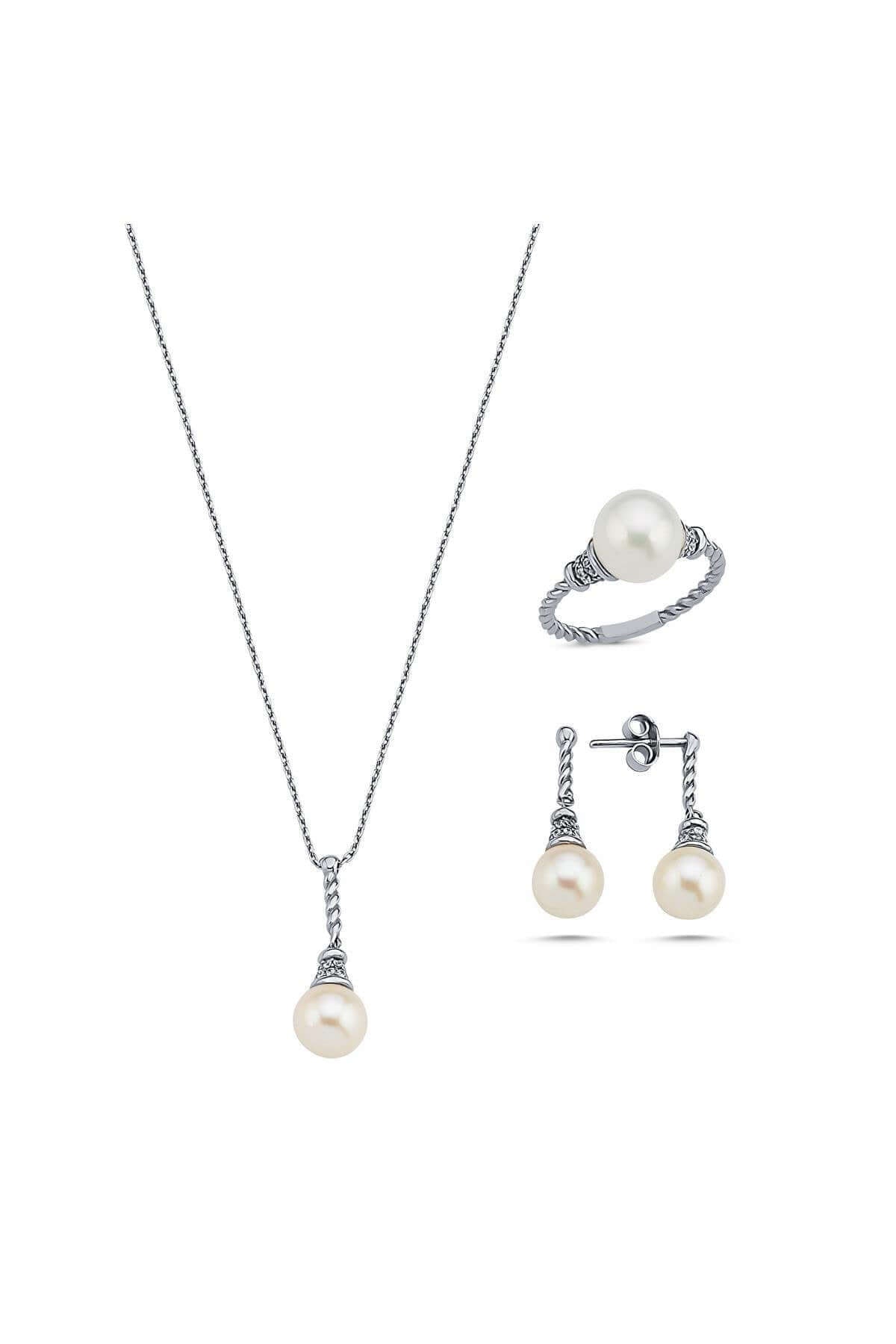 Twisted Zircon Stone Natural Pearl Earring Necklace Ring Triple Set