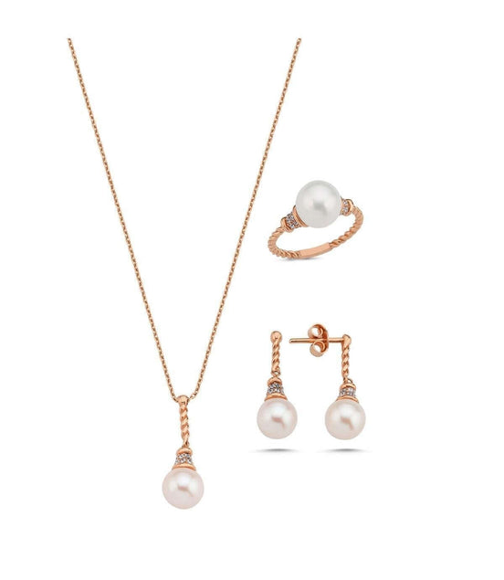 Twisted Zircon Stone Natural Pearl Earring Necklace Ring Triple Set
