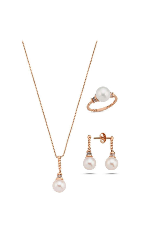 Twisted Zircon Stone Natural Pearl Earring Necklace Ring Triple Set
