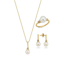 Twisted Zircon Stone Natural Pearl Earring Necklace Ring Triple Set