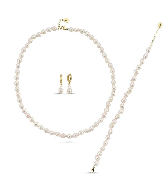 Damla Barok İnci Kolye Bileklik Küpe Üçlü Set | | Birinci1926