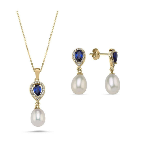 Damla Safir Doğal İnci Sallantı Küpe Kolye İkili Set | | Birinci1926