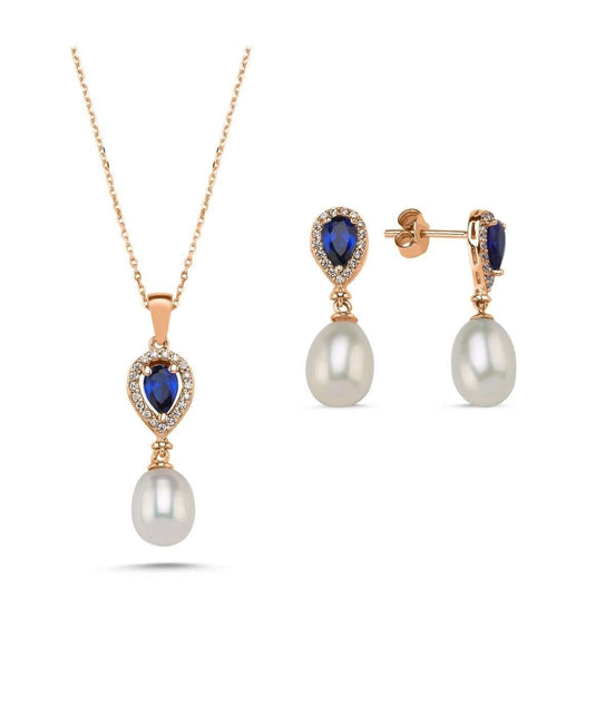 Damla Safir Doğal İnci Sallantı Küpe Kolye İkili Set | | Birinci1926