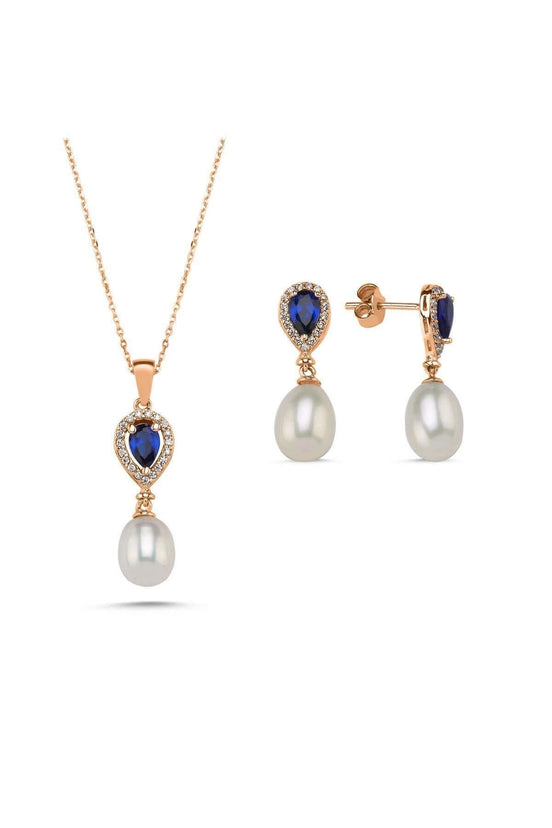 Damla Safir Doğal İnci Sallantı Küpe Kolye İkili Set | | Birinci1926