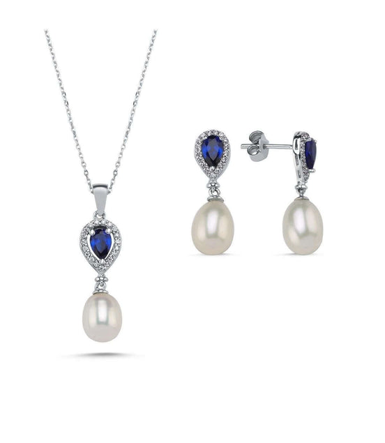 Damla Safir Doğal İnci Sallantı Küpe Kolye İkili Set | | Birinci1926