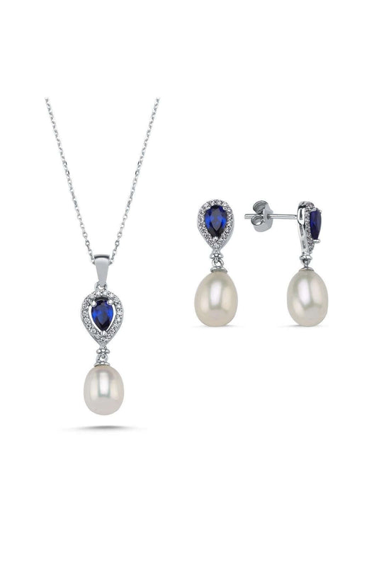 Damla Safir Doğal İnci Sallantı Küpe Kolye İkili Set | | Birinci1926