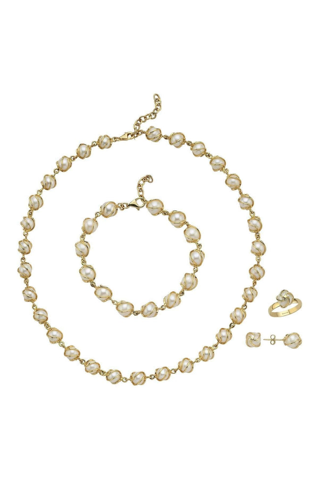 Kafes Doğal İncili Küpe Kolye Bileklik Yüzük Dörtlü Set | | Birinci1926