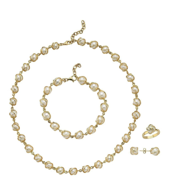 Kafes Doğal İncili Küpe Kolye Bileklik Yüzük Dörtlü Set | | Birinci1926