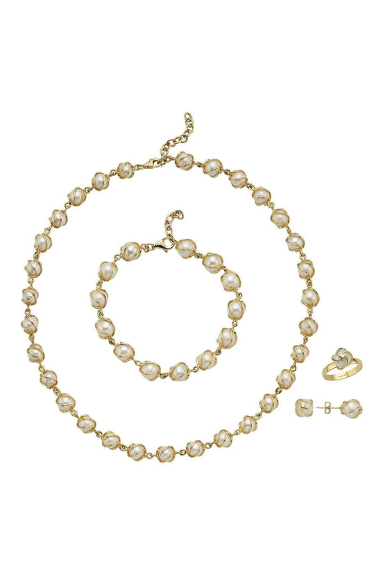 Kafes Doğal İncili Küpe Kolye Bileklik Yüzük Dörtlü Set | | Birinci1926