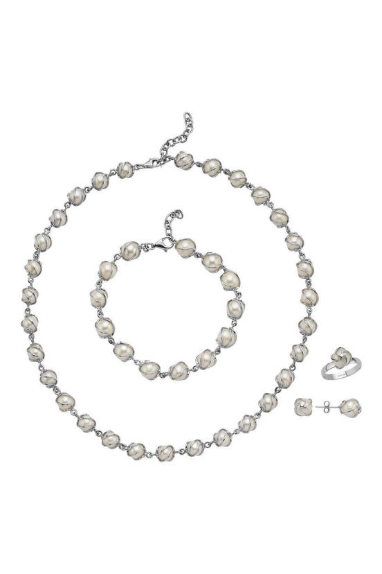 Kafes Doğal İncili Küpe Kolye Bileklik Yüzük Dörtlü Set | | Birinci1926