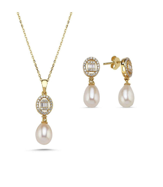 Oval Baget Taşlı Doğal İnci Sallantı Küpe Kolye İkili Set | | Birinci1926