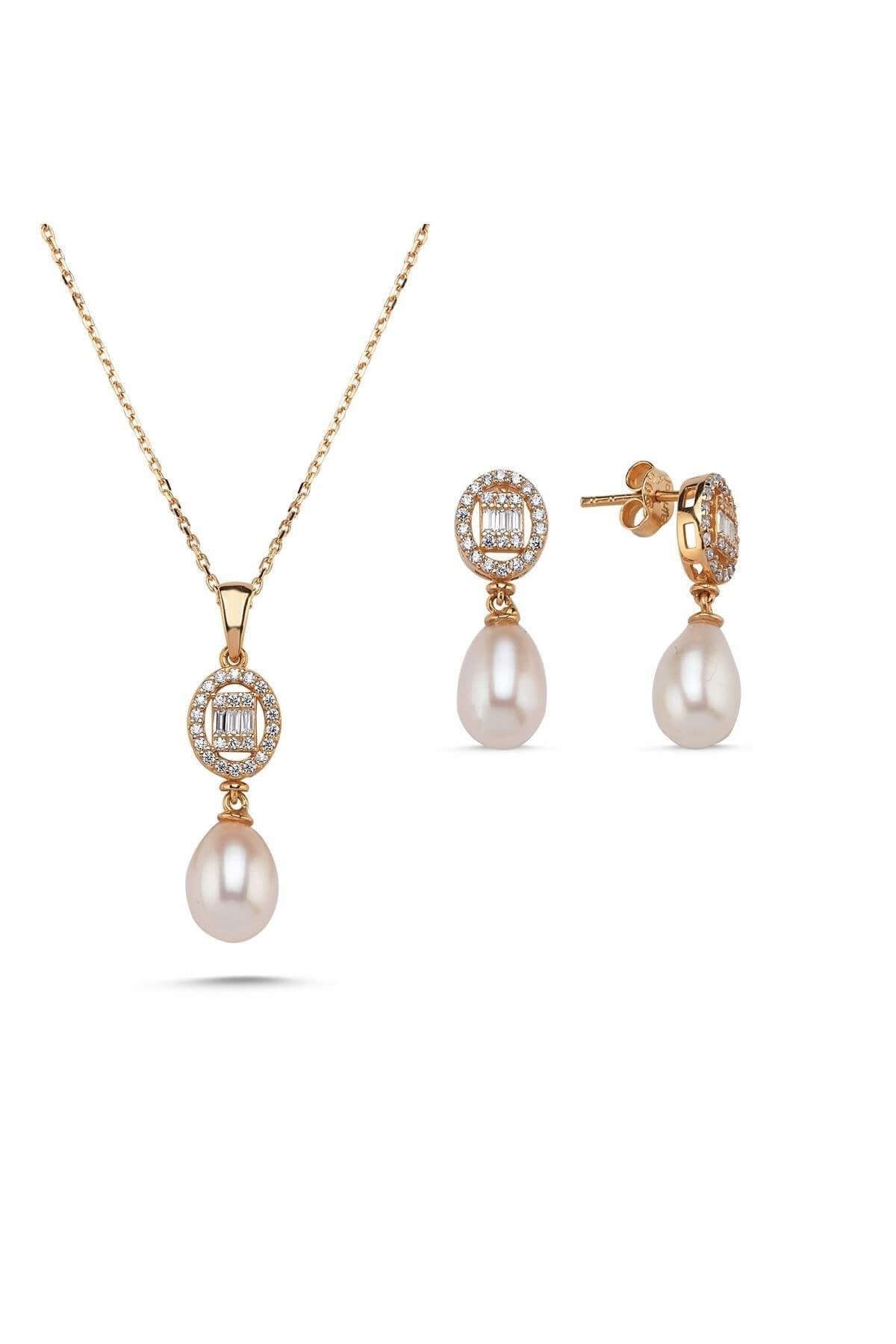 Oval Baget Taşlı Doğal İnci Sallantı Küpe Kolye İkili Set | | Birinci1926