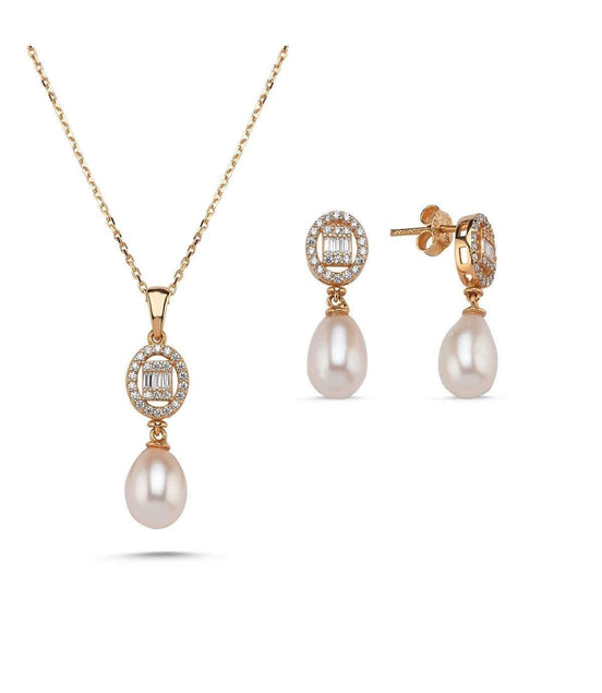 Oval Baget Taşlı Doğal İnci Sallantı Küpe Kolye İkili Set | | Birinci1926