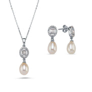 Oval Baget Taşlı Doğal İnci Sallantı Küpe Kolye İkili Set | | Birinci1926