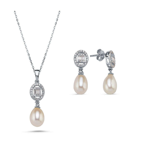 Oval Baget Taşlı Doğal İnci Sallantı Küpe Kolye İkili Set | | Birinci1926