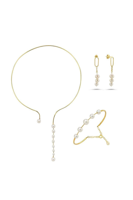 Sallantılı Doğal İnci Küpe Kolye Bileklik Üçlü Set | | Birinci1926