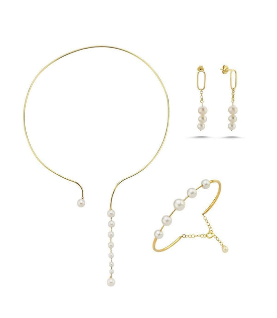 Sallantılı Doğal İnci Küpe Kolye Bileklik Üçlü Set | | Birinci1926