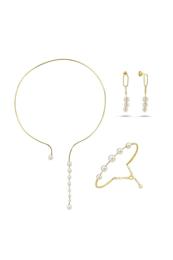Sallantılı Doğal İnci Küpe Kolye Bileklik Üçlü Set | | Birinci1926