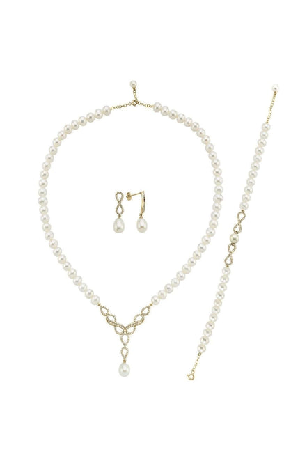 Sonsuzluk Taşlı Doğal İncili Küpe Kolye Bileklik Üçlü Set | | Birinci1926