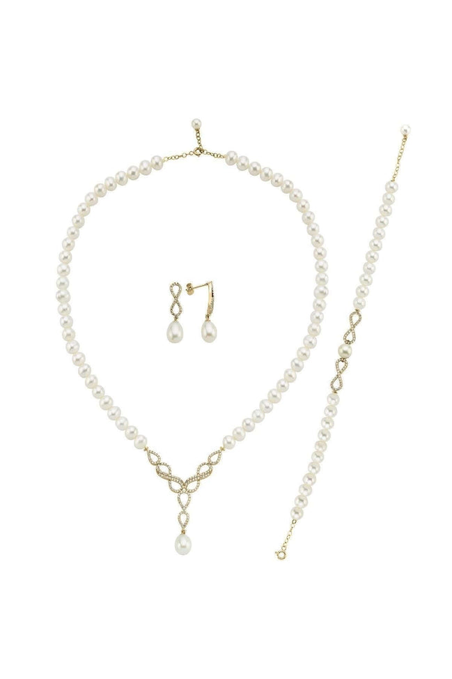 Sonsuzluk Taşlı Doğal İncili Küpe Kolye Bileklik Üçlü Set | | Birinci1926