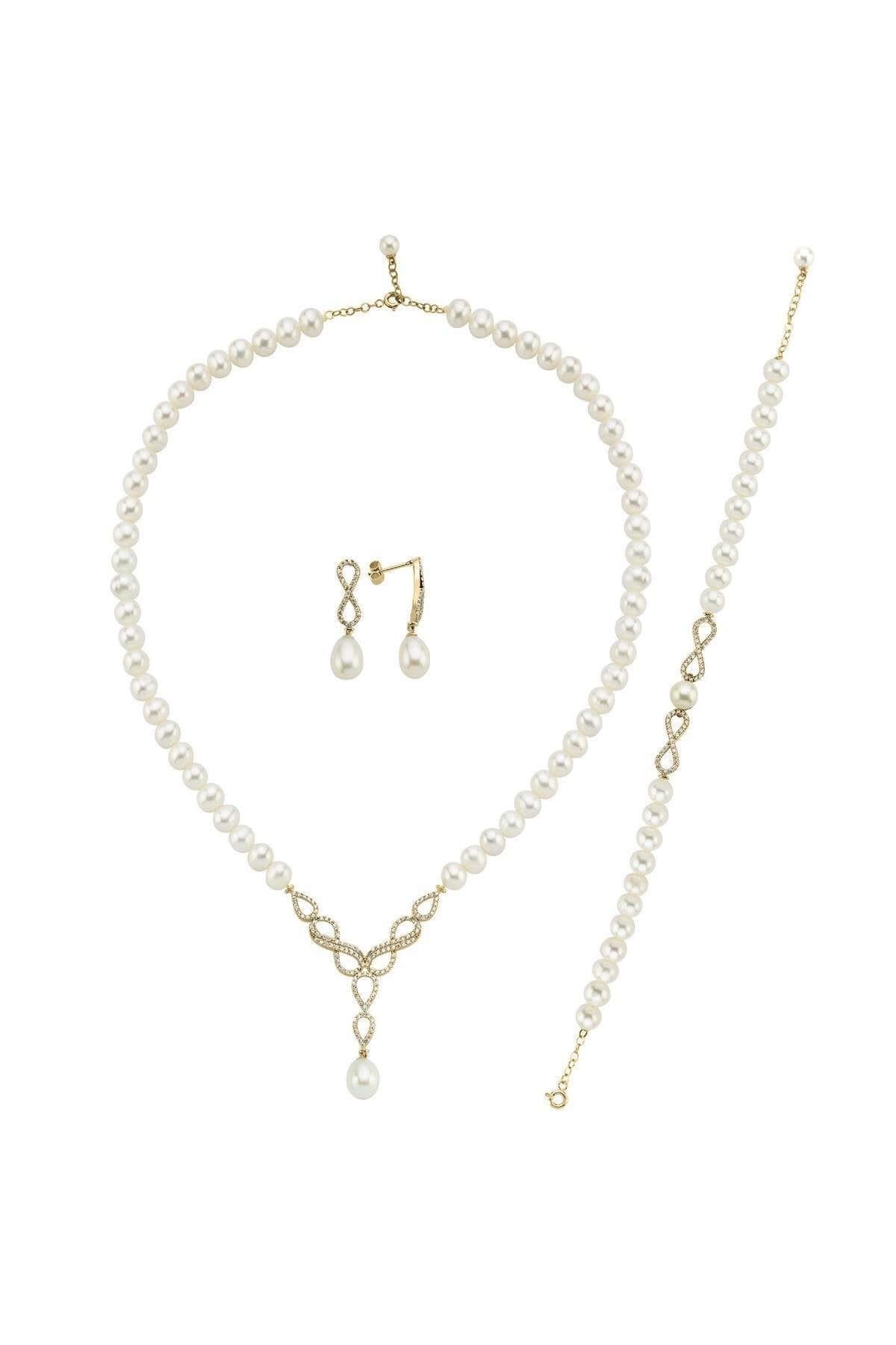 Sonsuzluk Taşlı Doğal İncili Küpe Kolye Bileklik Üçlü Set | | Birinci1926