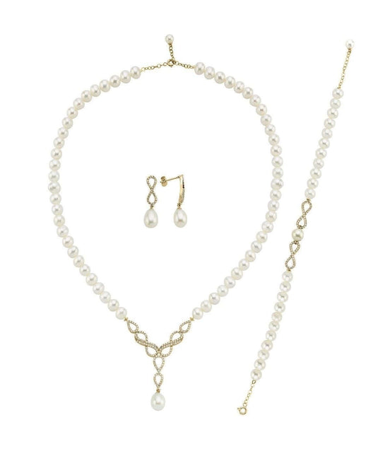 Sonsuzluk Taşlı Doğal İncili Küpe Kolye Bileklik Üçlü Set | | Birinci1926