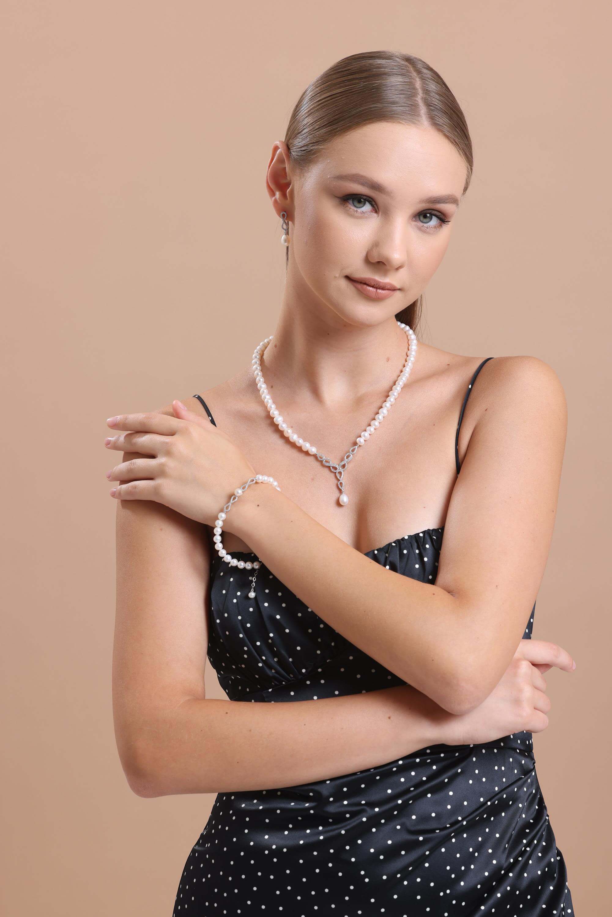 Infinity Stone Natural Pearl Earring Necklace Bracelet Triple Set