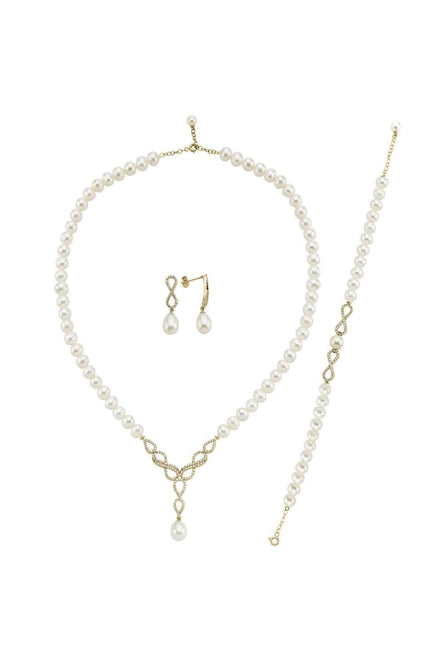 Sonsuzluk Taşlı Doğal İnci Küpe Kolye Bileklik Üçlü Set | | Birinci1926