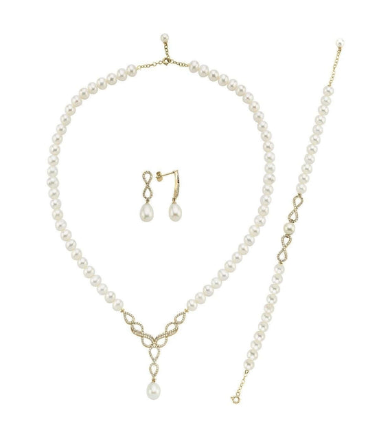 Sonsuzluk Taşlı Doğal İnci Küpe Kolye Bileklik Üçlü Set | | Birinci1926