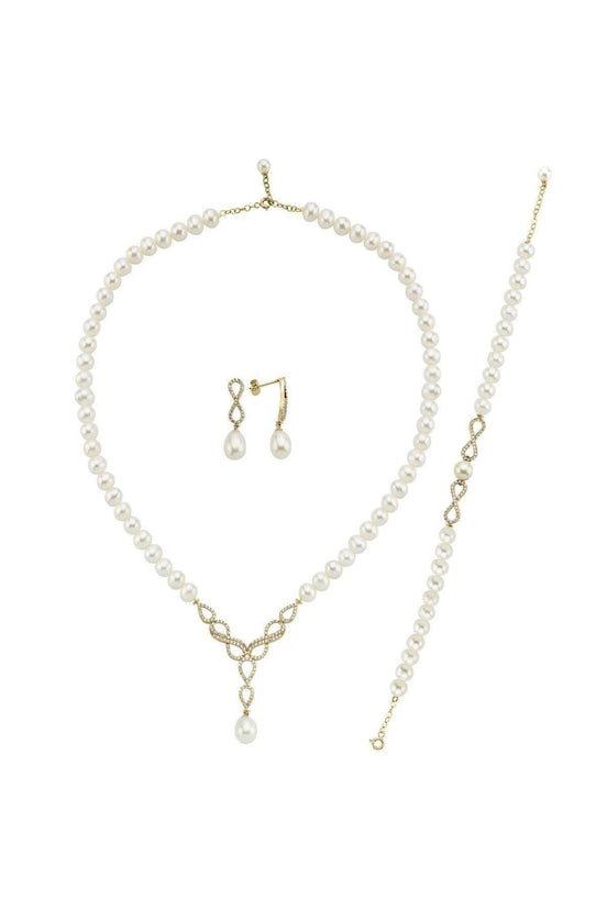 Sonsuzluk Taşlı Doğal İnci Küpe Kolye Bileklik Üçlü Set | | Birinci1926