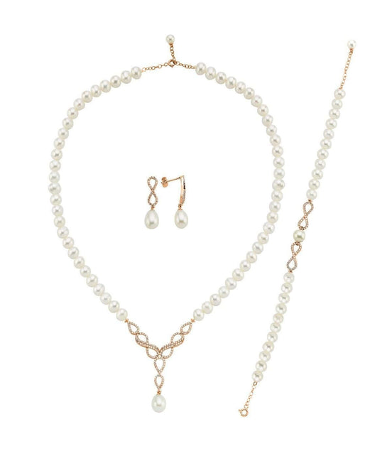 Sonsuzluk Taşlı Doğal İnci Küpe Kolye Bileklik Üçlü Set | | Birinci1926