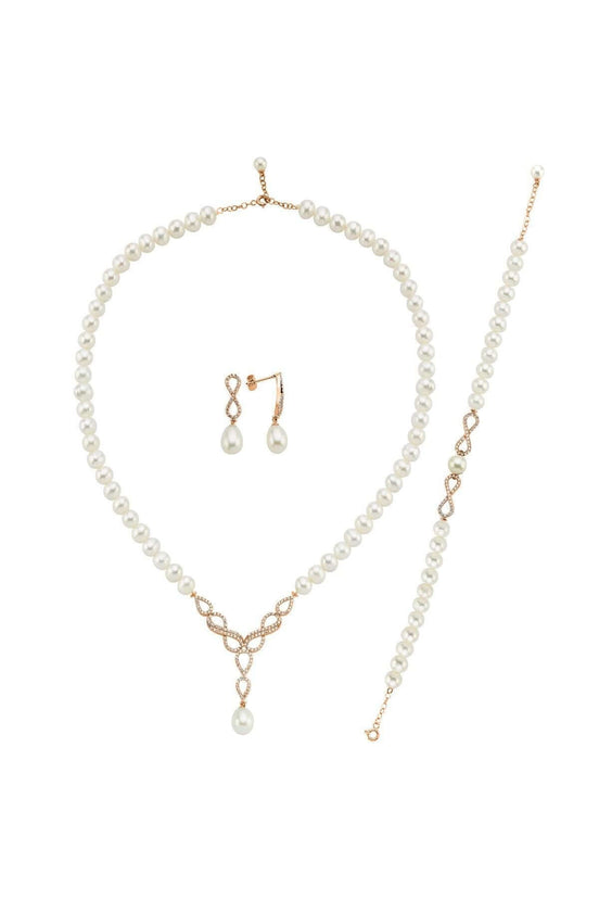 Sonsuzluk Taşlı Doğal İnci Küpe Kolye Bileklik Üçlü Set | | Birinci1926