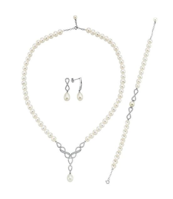 Sonsuzluk Taşlı Doğal İnci Küpe Kolye Bileklik Üçlü Set | | Birinci1926