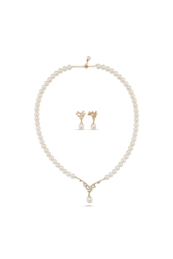 Taşlı Doğal İnci Sallantılı Küpe Kolye İkili Set | | Birinci1926