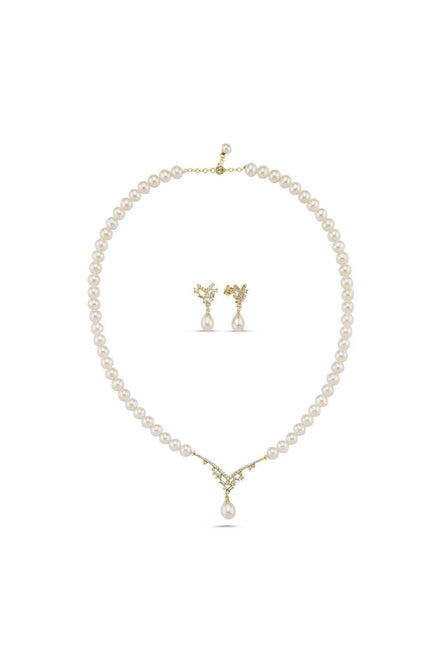 Taşlı Doğal İnci Sallantılı Küpe Kolye İkili Set | | Birinci1926