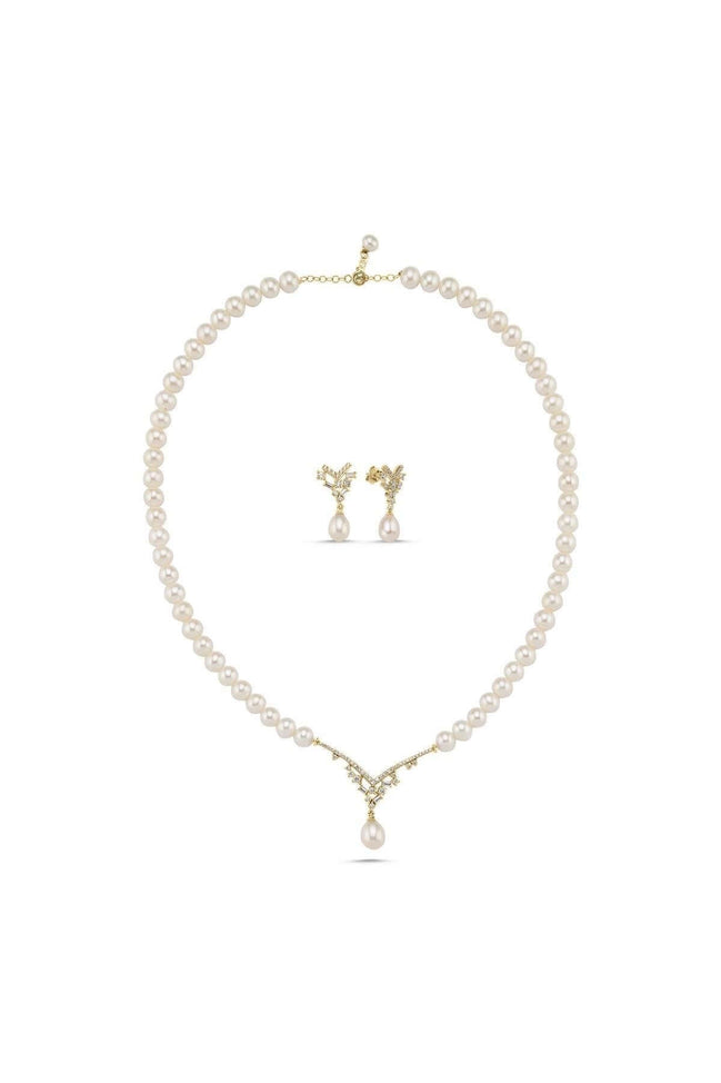 Taşlı Doğal İnci Sallantılı Küpe Kolye İkili Set | | Birinci1926