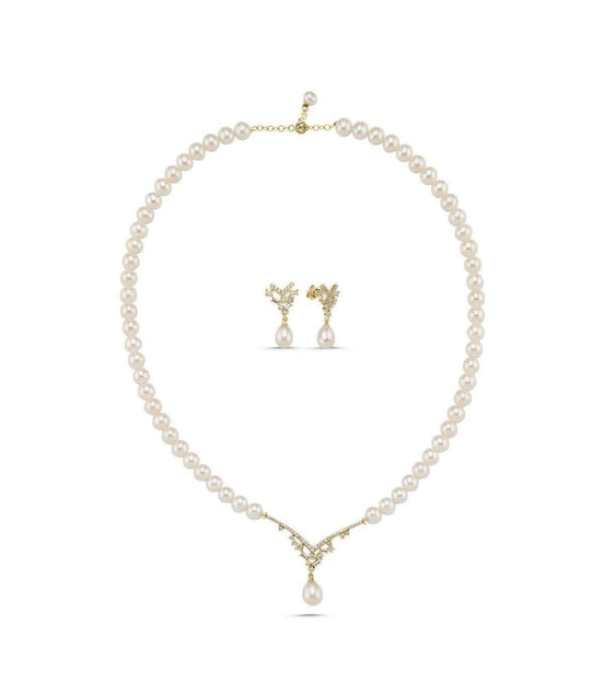 Taşlı Doğal İnci Sallantılı Küpe Kolye İkili Set | | Birinci1926