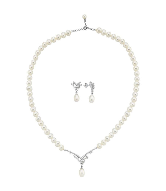 Taşlı Doğal İnci Sallantılı Küpe Kolye İkili Set | | Birinci1926