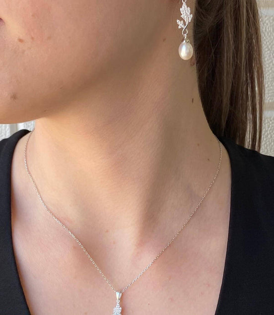 Yaprak Taşlı Doğal İnci Sallantılı Küpe Kolye İkili Set | | Birinci1926