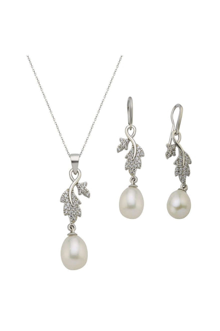 Yaprak Taşlı Doğal İnci Sallantılı Küpe Kolye İkili Set | | Birinci1926