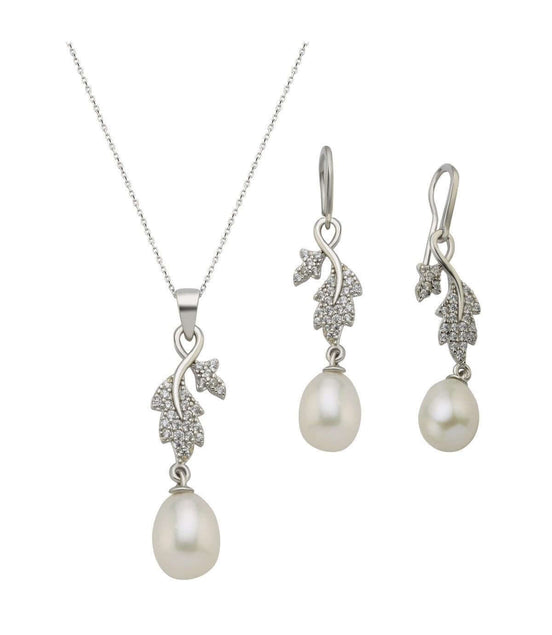 Yaprak Taşlı Doğal İnci Sallantılı Küpe Kolye İkili Set | | Birinci1926