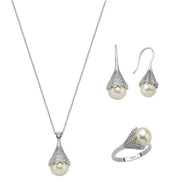 Lightbulb Design Natural Pearl Earring Necklace Ring Triple Set