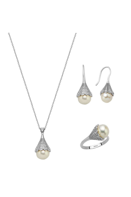 Lightbulb Design Natural Pearl Earring Necklace Ring Triple Set