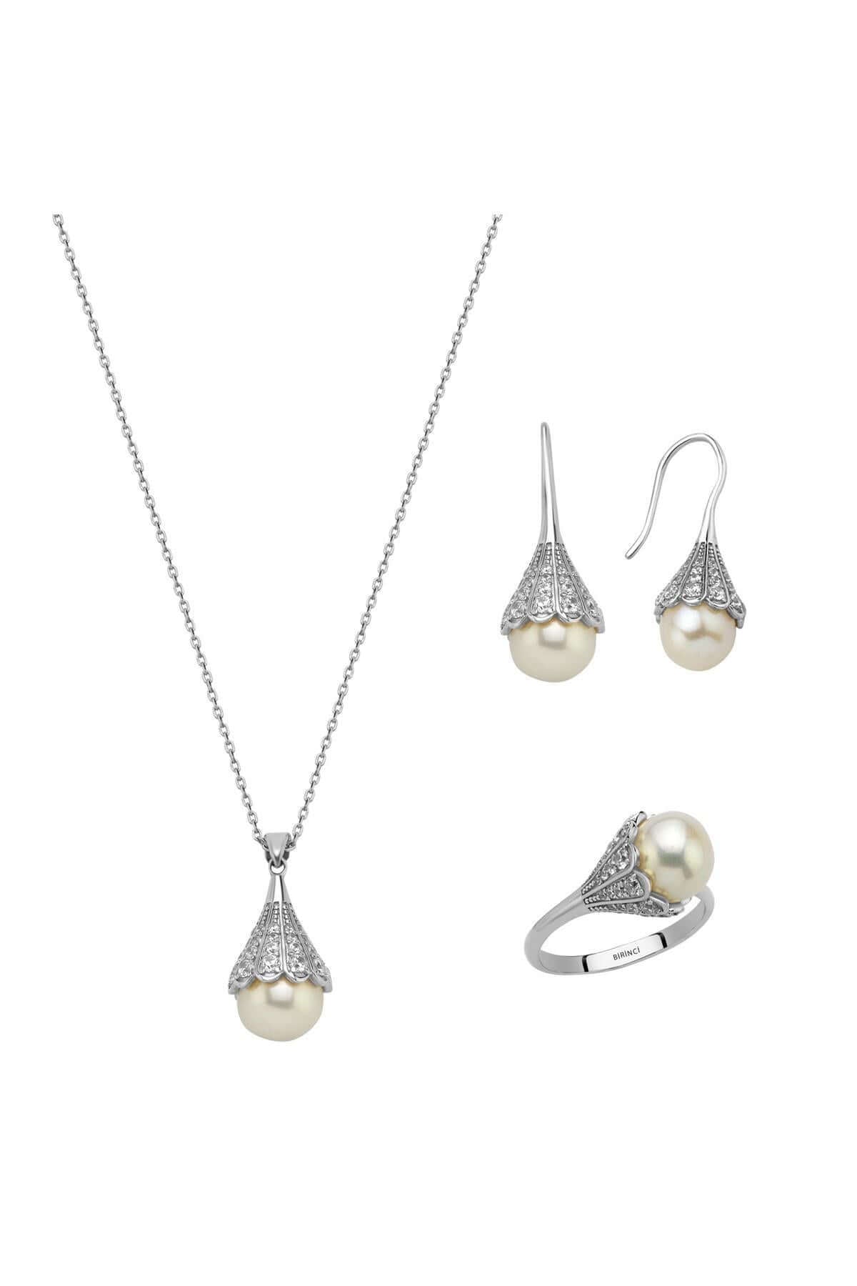 Lightbulb Design Natural Pearl Earring Necklace Ring Triple Set