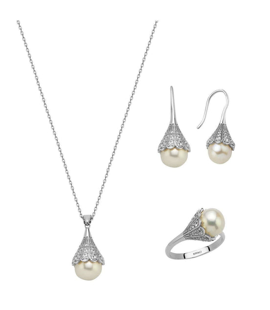 Lightbulb Design Natural Pearl Earring Necklace Ring Triple Set