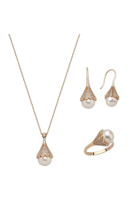 Lightbulb Design Natural Pearl Earring Necklace Ring Triple Set