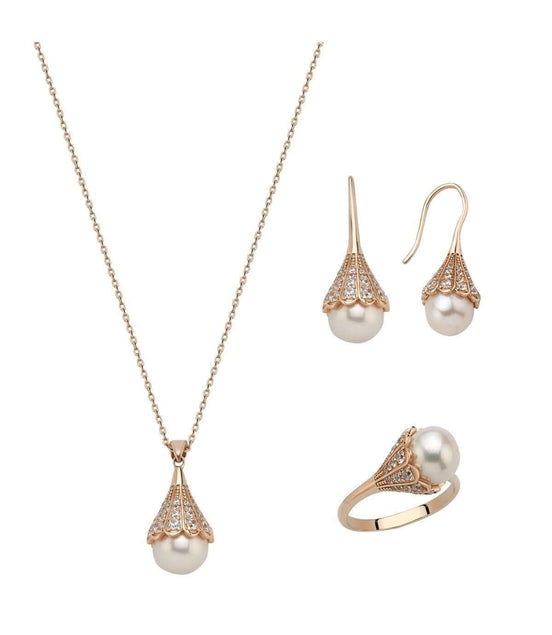 Lightbulb Design Natural Pearl Earring Necklace Ring Triple Set
