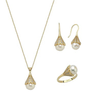 Lightbulb Design Natural Pearl Earring Necklace Ring Triple Set