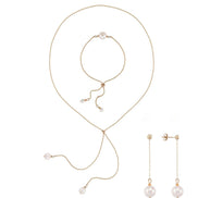 Adjustable Natural Pearl Earring Necklace Bracelet Triple Set